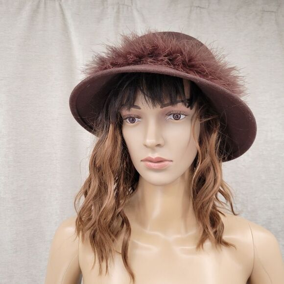 Arlington Hat Co Wool Chocolate Brown With feather band Bucket Hat Church Felt - Picture 4 of 16